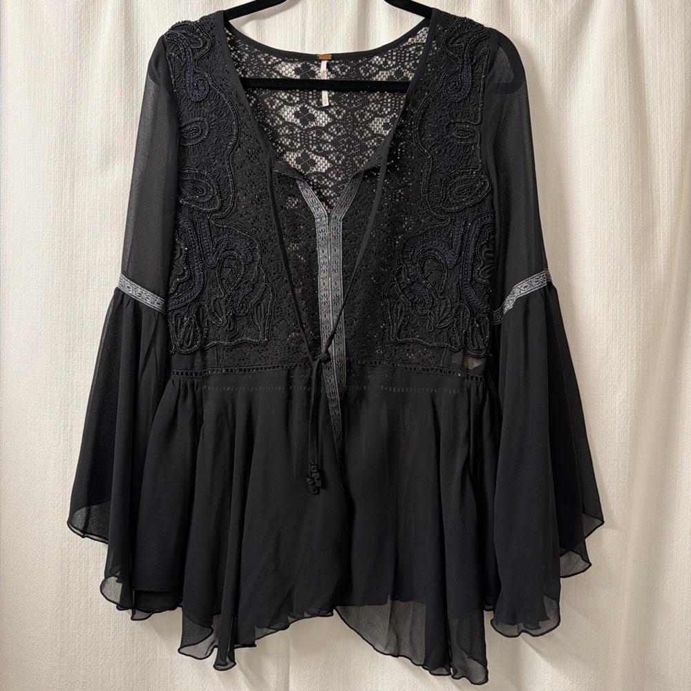 NWOT Free People Black Golden Moments Sheer Beaded Metallic Lace Top| Size: XS